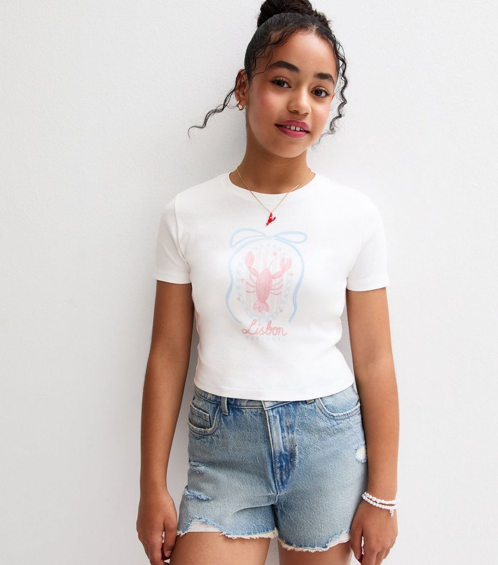 Girls White Ribbed Lisbon Lobster Print T