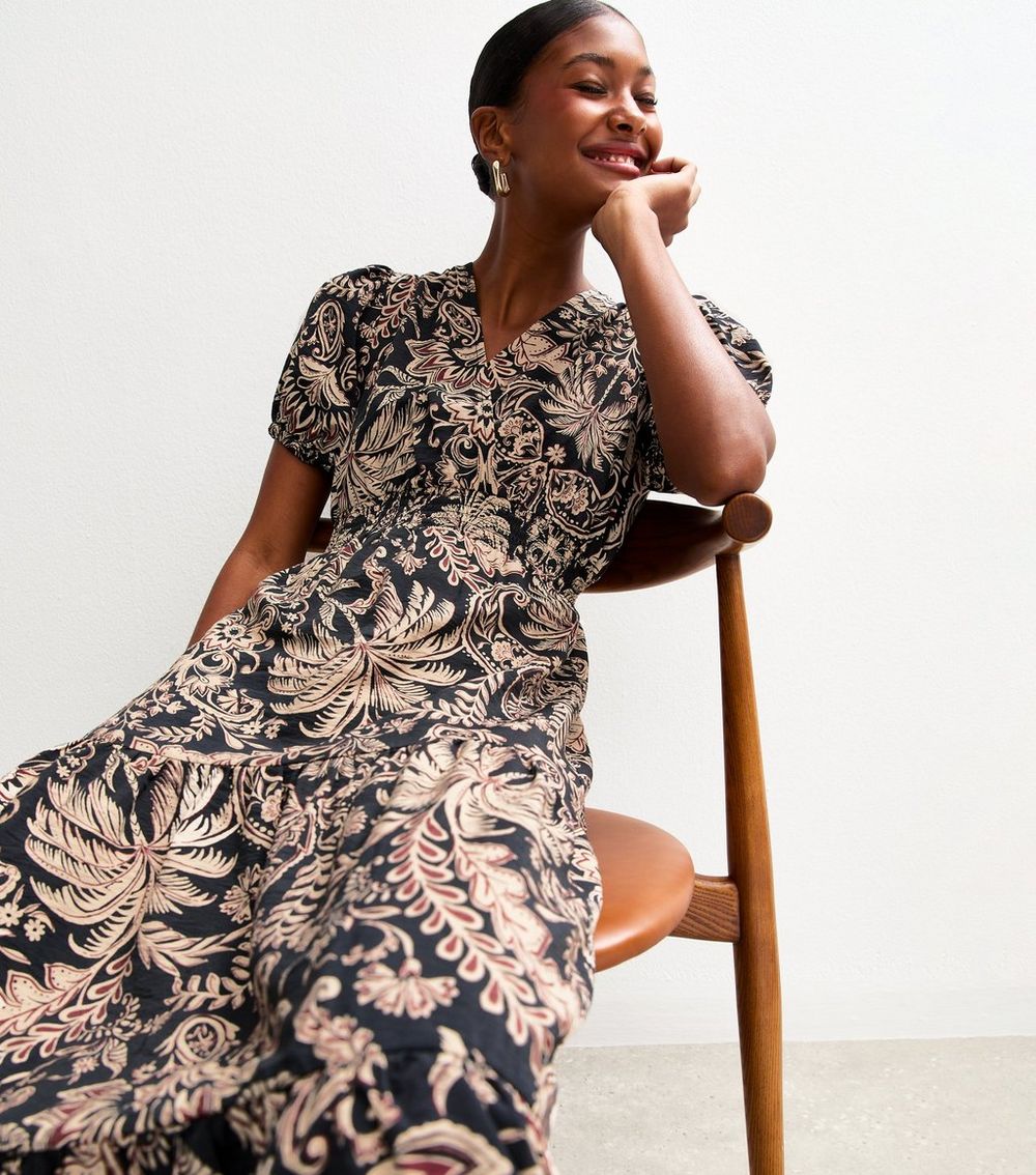 Black Palm Tree Print Midi Dress