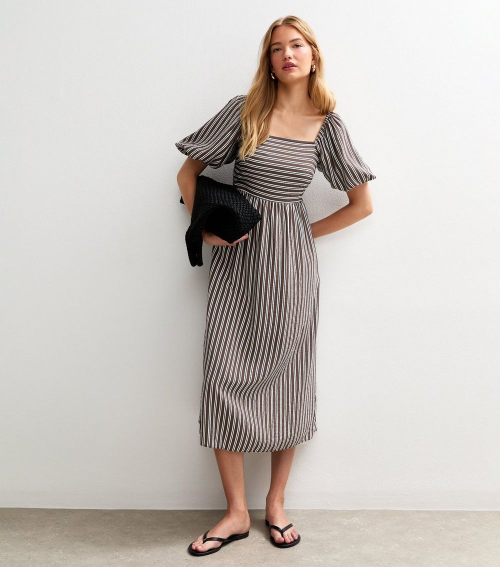 Brown Striped Square Neck Milkmaid Midi Dress