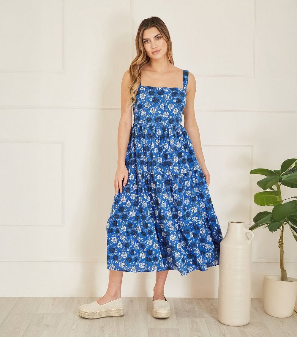Yumi Blue Floral Print Tiered Skirt Midi Dress
