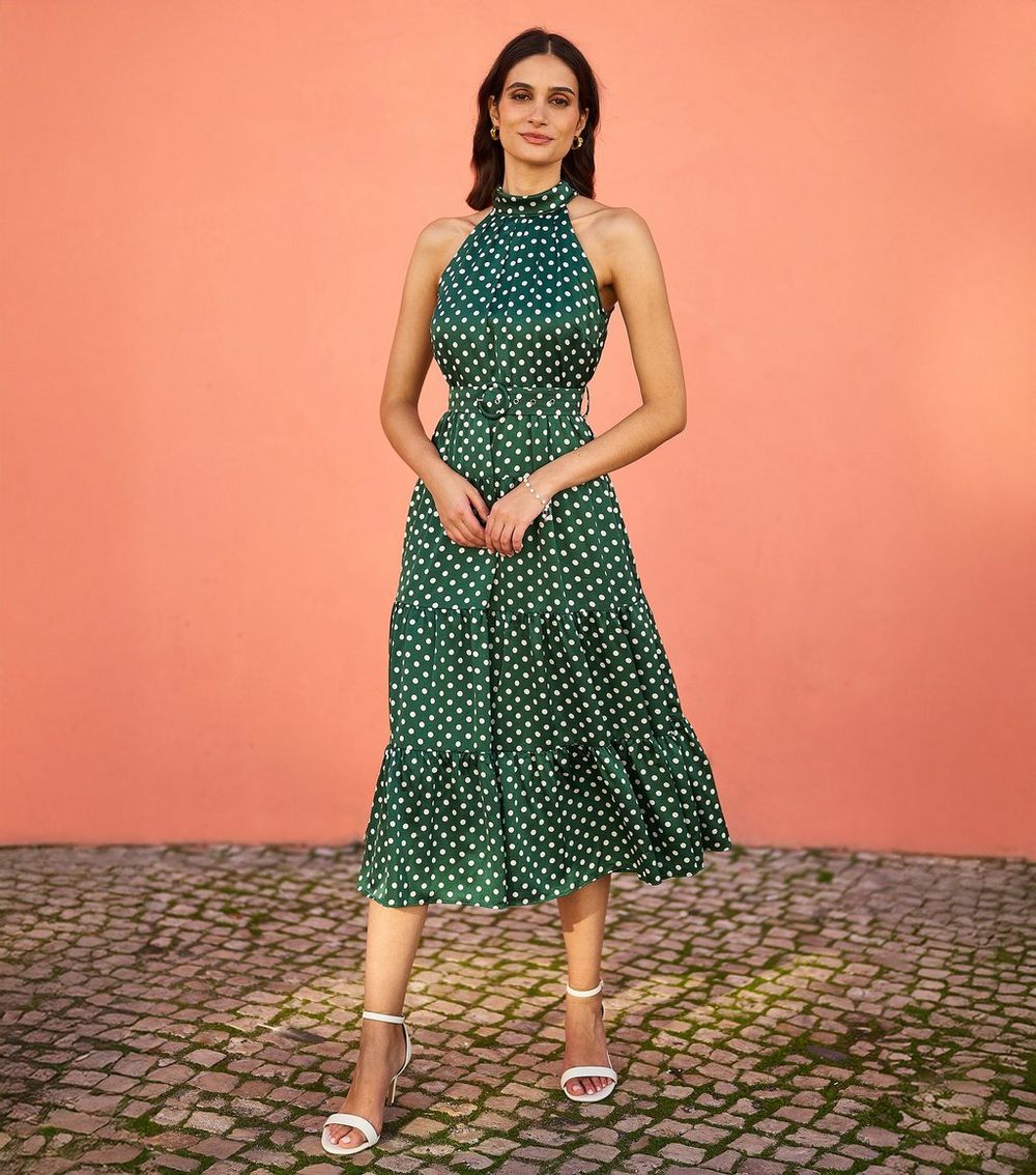 Yumi Green Spot Print Halterneck Satin Midi Dress