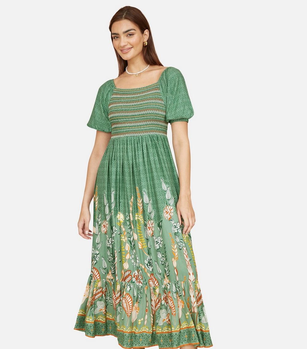 Yumi Green Leaf Print Milkmaid Dress