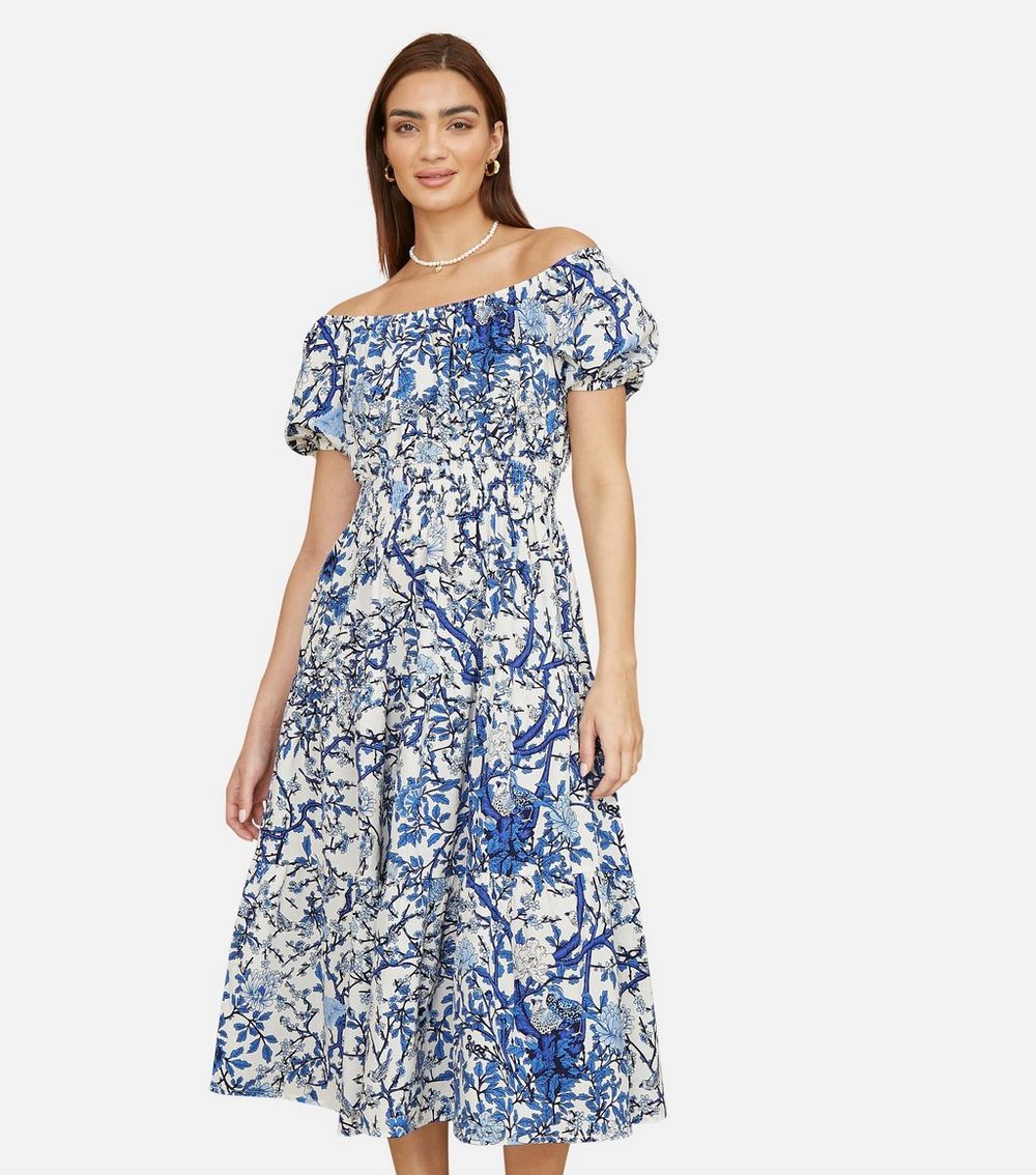 Yumi Blue Floral Print Off Shoulder Midi Dress