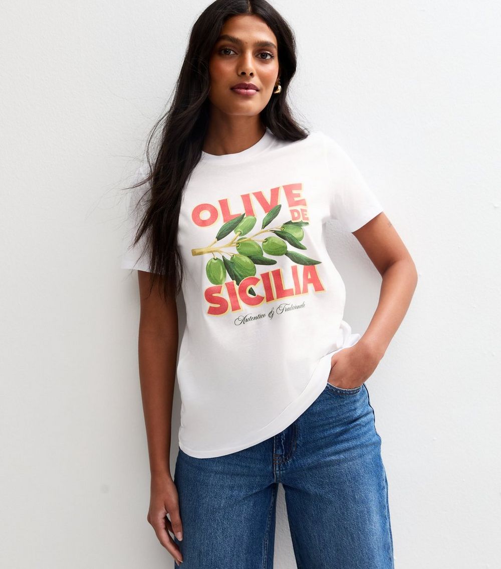 White Olive Print T