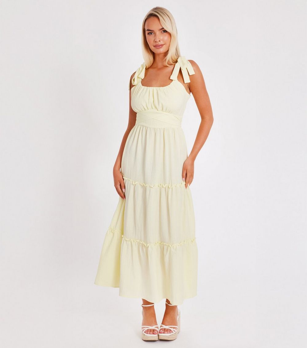 QUIZ Light Yellow Crinkle Woven Midaxi Dress