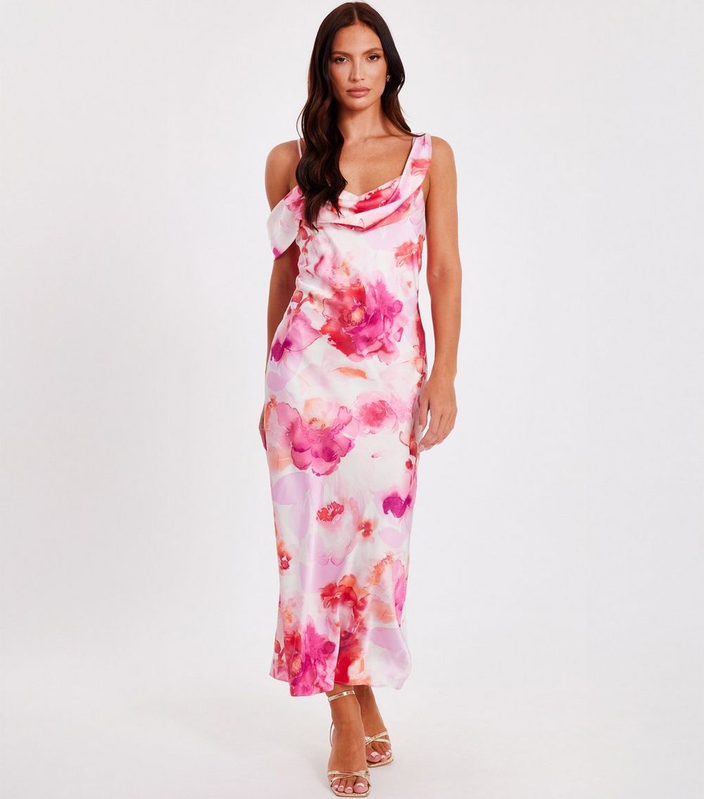 QUIZ Light Pink Satin Cowl Neck Midaxi Dress