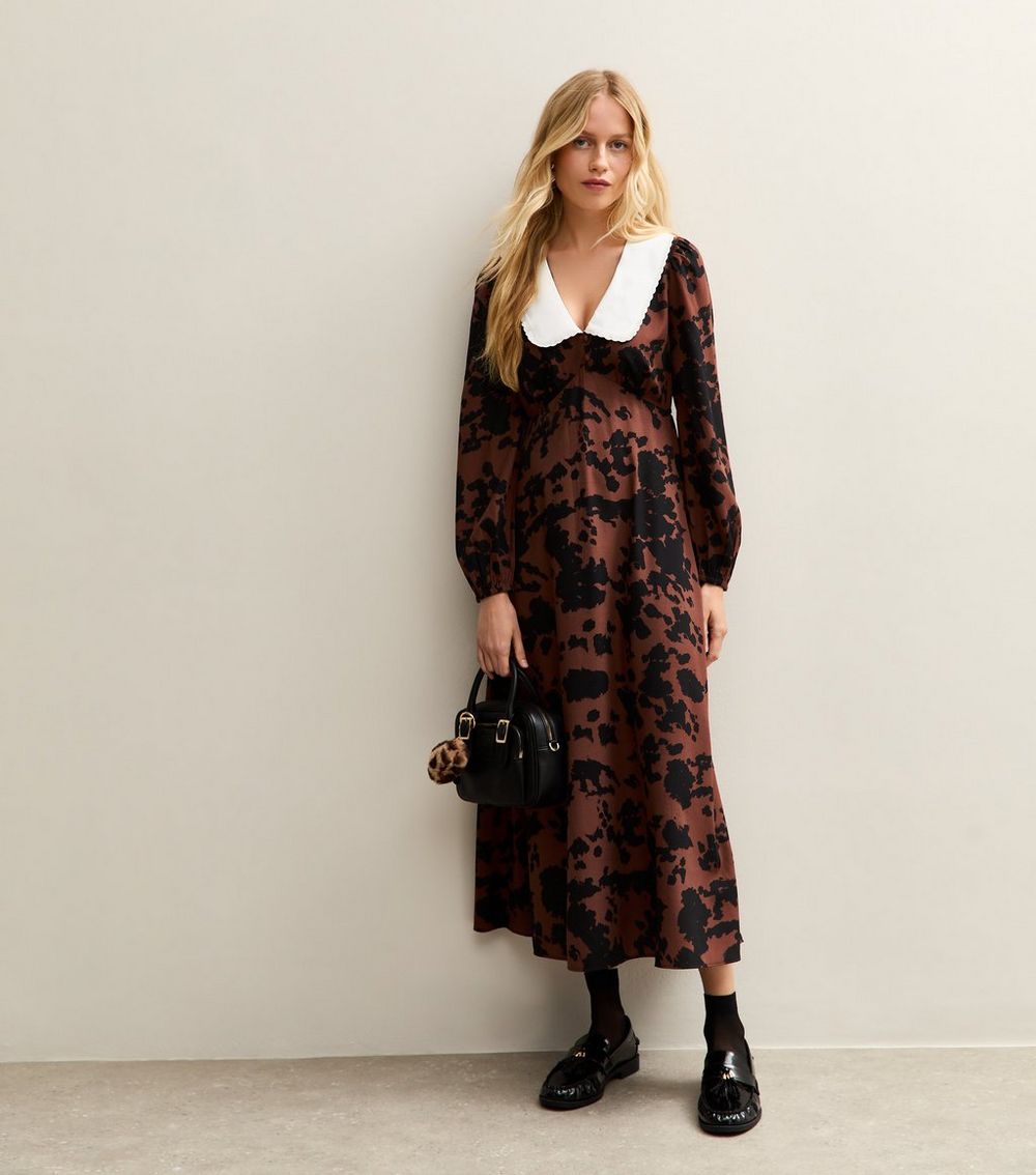 Brown Cow Print Contrast Collar Midi Dress