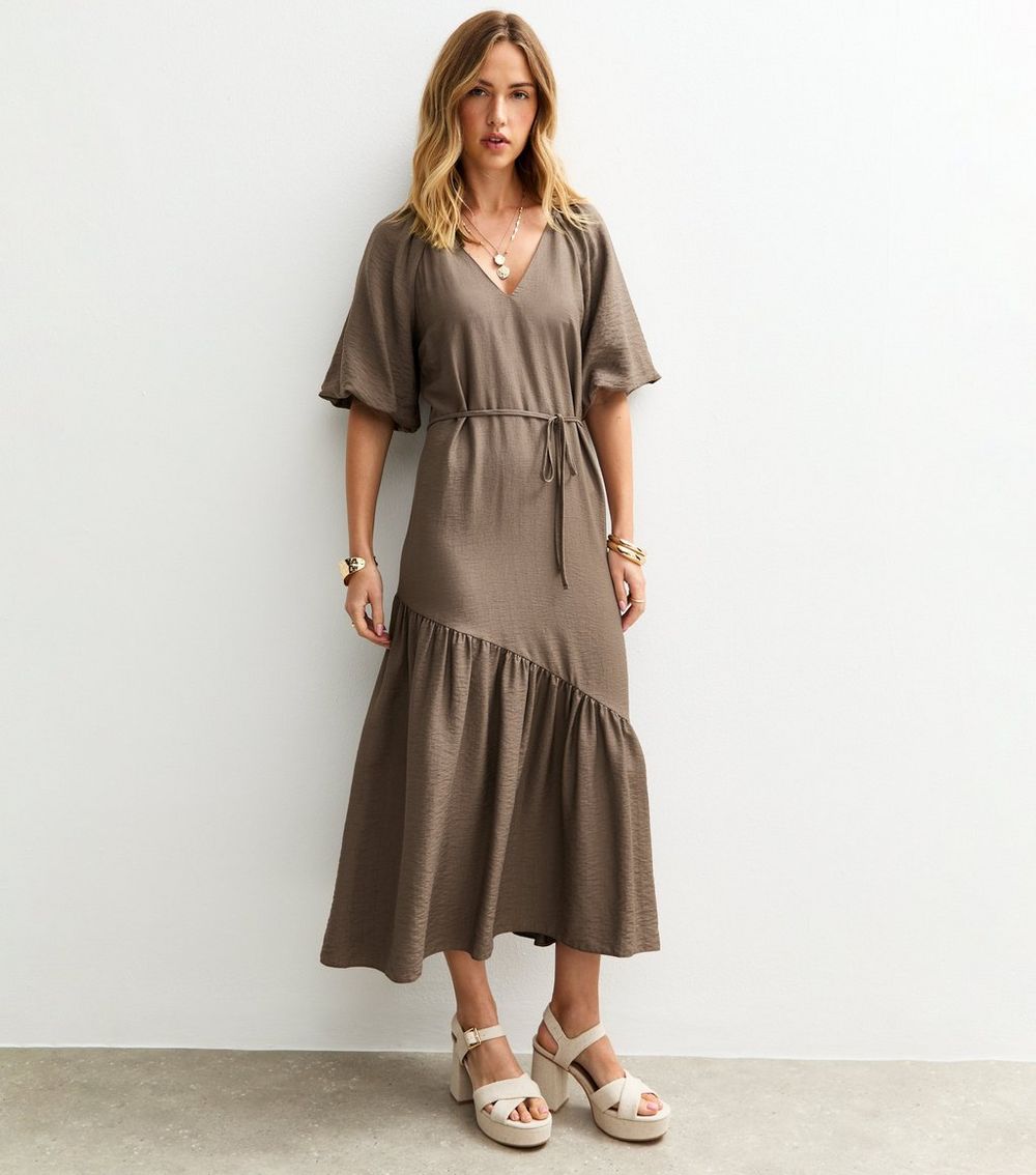 Dark Brown Asymmetrical Puff Sleeve Midi Dress