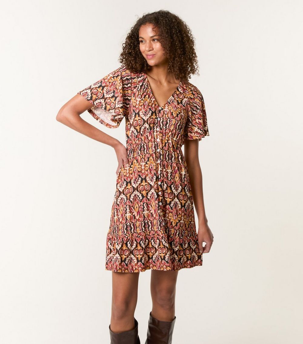 Blue Vanilla Black Pattern Print Button Through Mini Dress