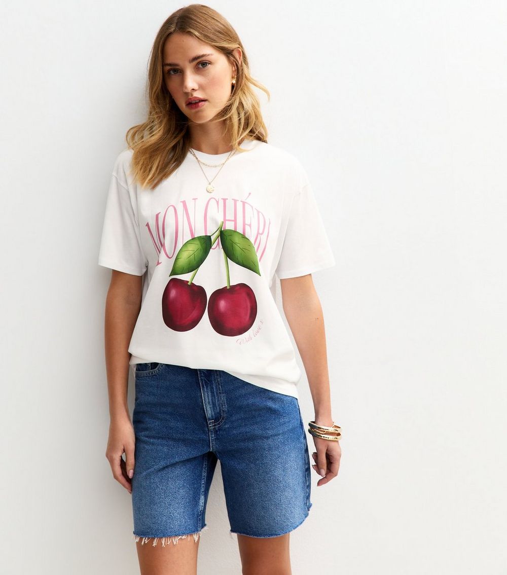 White Mon Cheri Cherry Print Oversized T