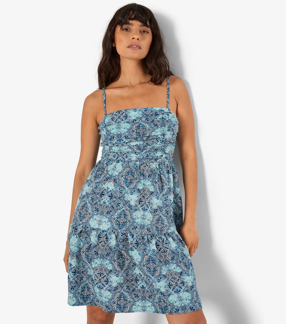 Apricot Blue Printed Ruched Mini Dress