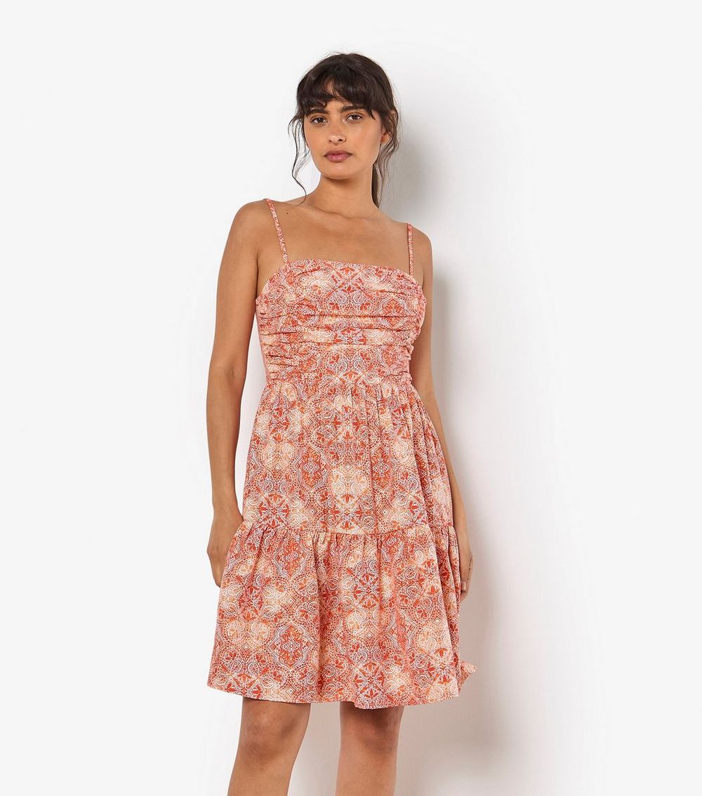 Apricot Orange Printed Ruched Mini Dress