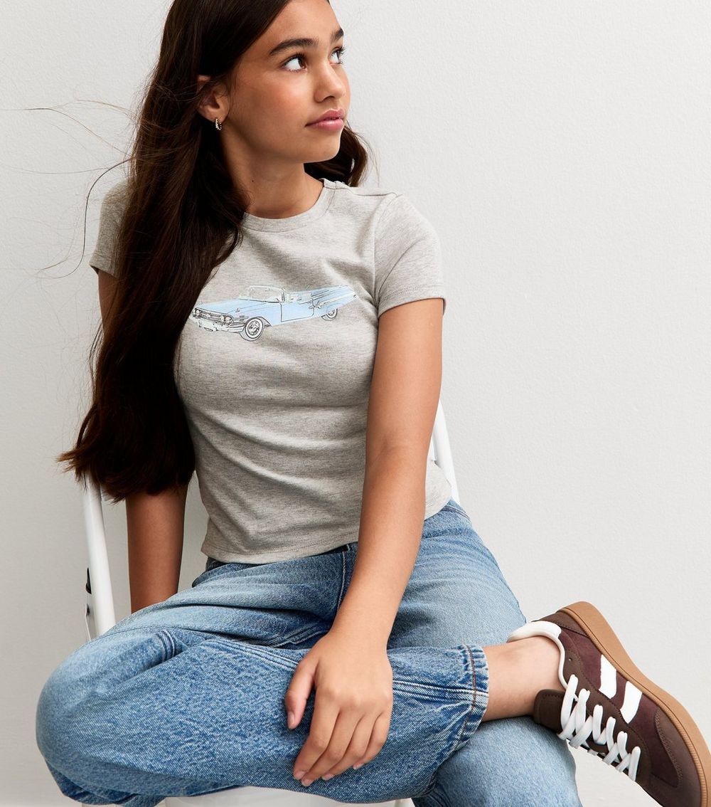 Girls Grey Retro Car Print Cap Sleeve Baby Tee T