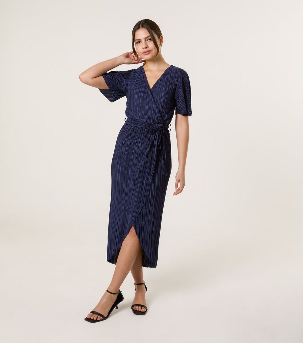 Blue Vanilla Navy Plisse Wrap Midi Dress