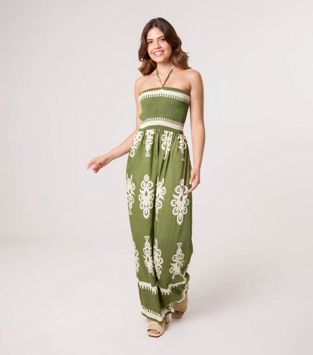 Blue Vanilla Khaki Patterned Halterneck Jumpsuit