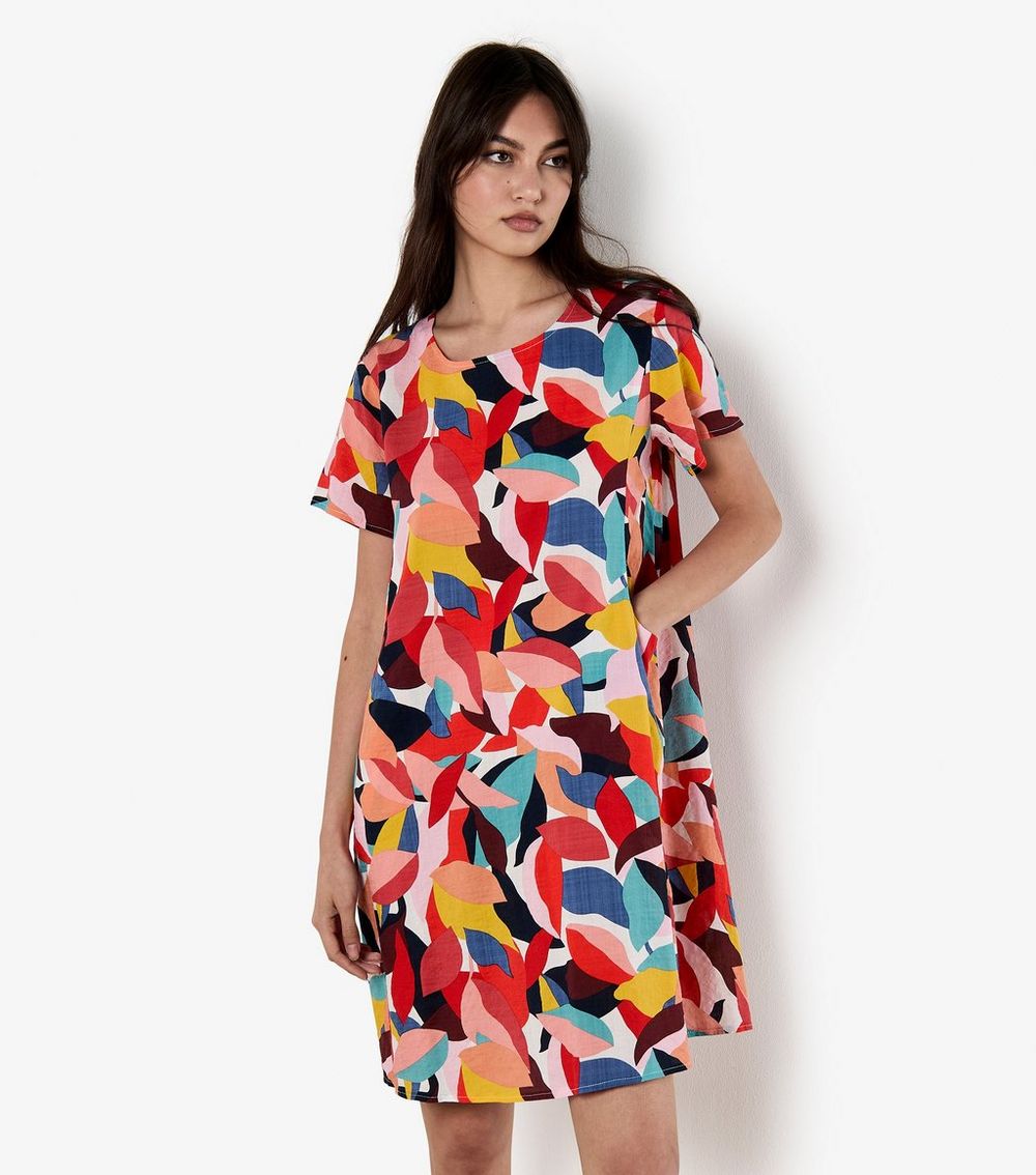 Apricot Multicolour Colour Block Leaf Print Swing Dress