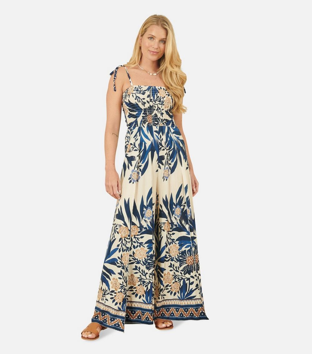 Yumi Navy Palm Tree Print Jumpsuit
