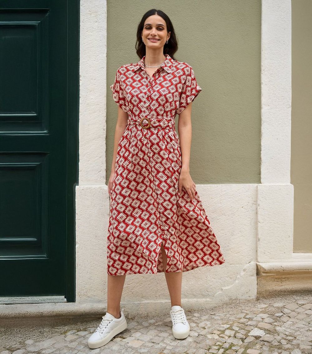 Yumi Red Geometric Print Shirt Dress