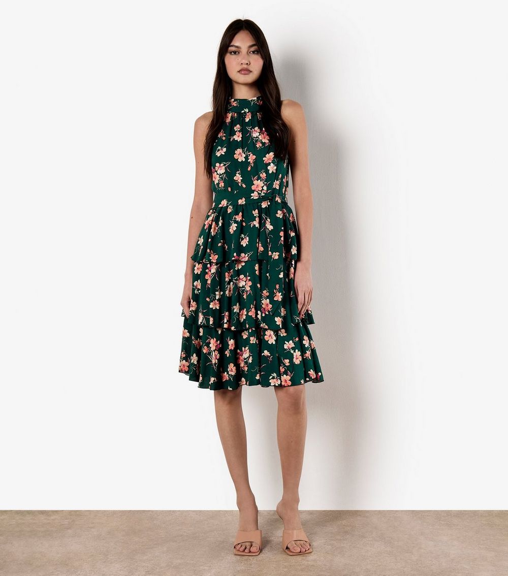 Apricot Green Floral Print Tiered Dress