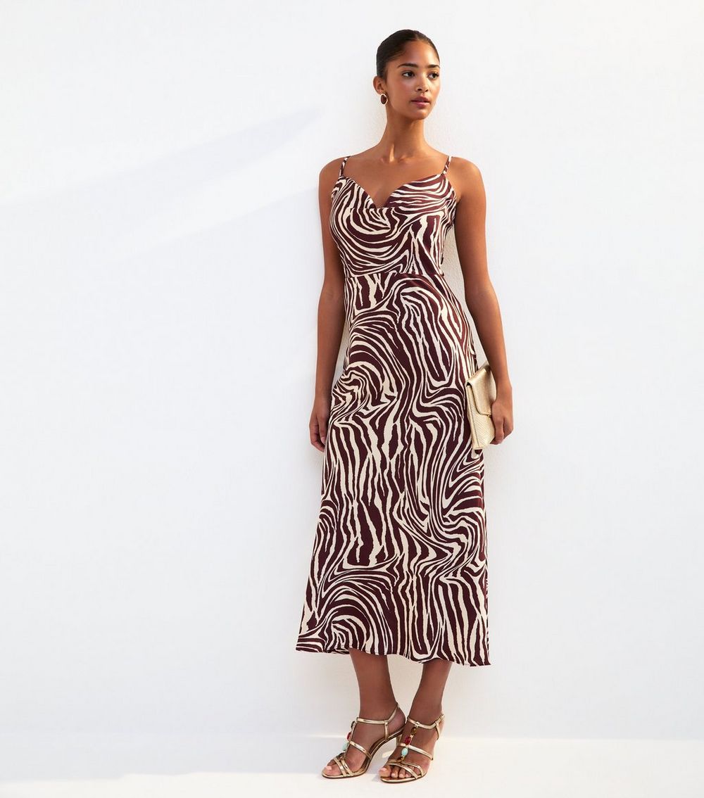 Gini London Brown Zebra Print Cowl Neck Midi Dress