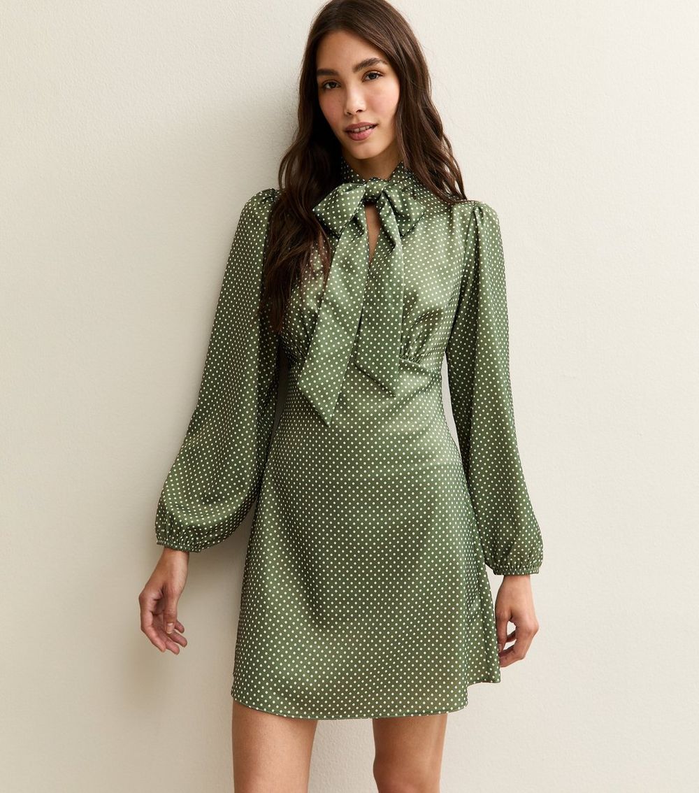 Green Polka Dot Pussybow Neck Satin Mini Dress