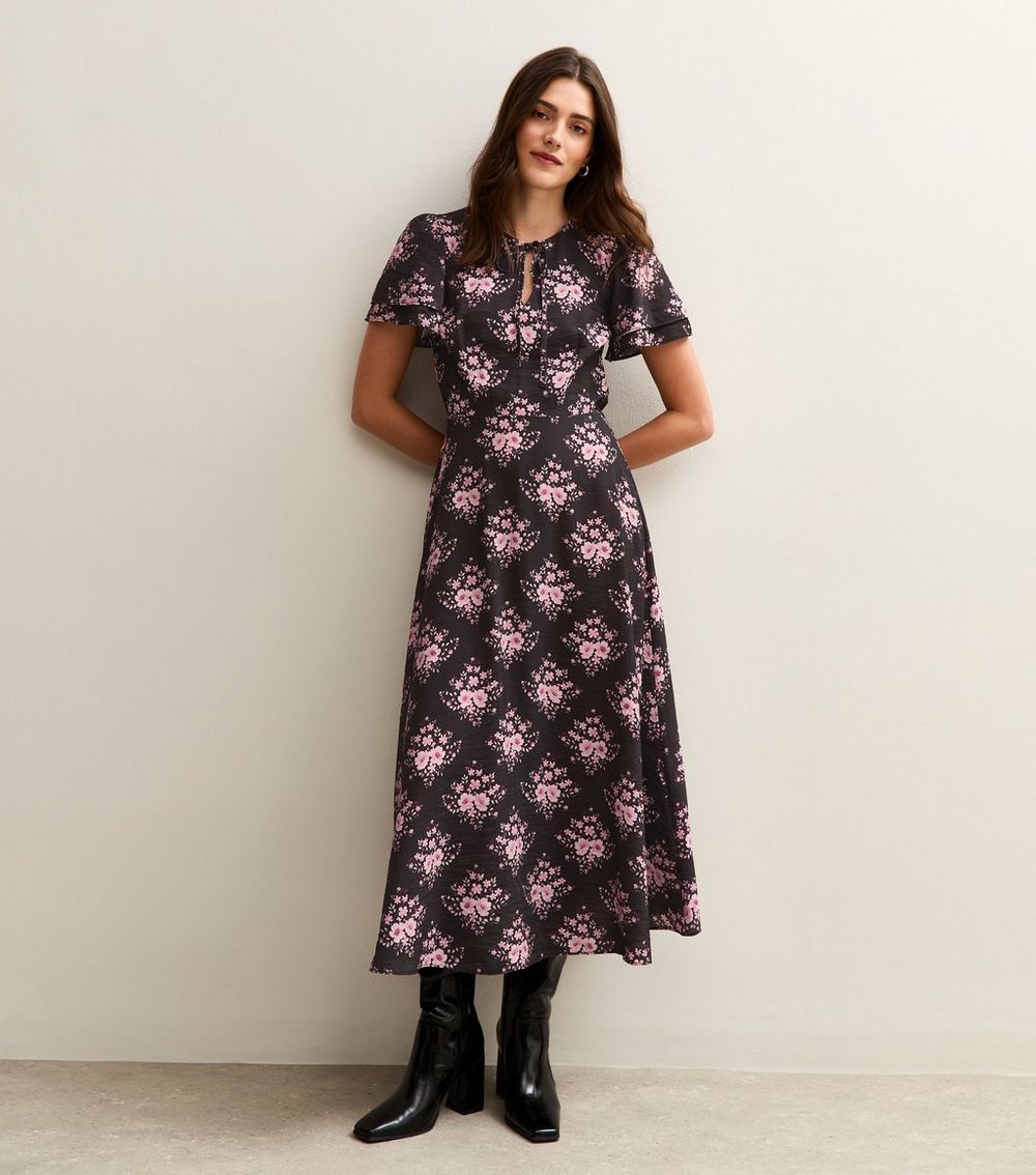 Black Floral Print Flutter Sleeve Tie Neck Midi Dress