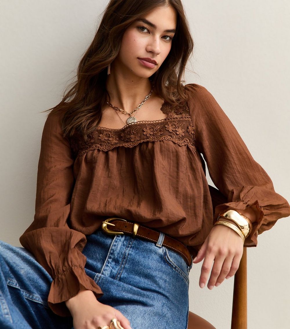 Brown Lace Trimmed Long Sleeve Bubble Hem Blouse