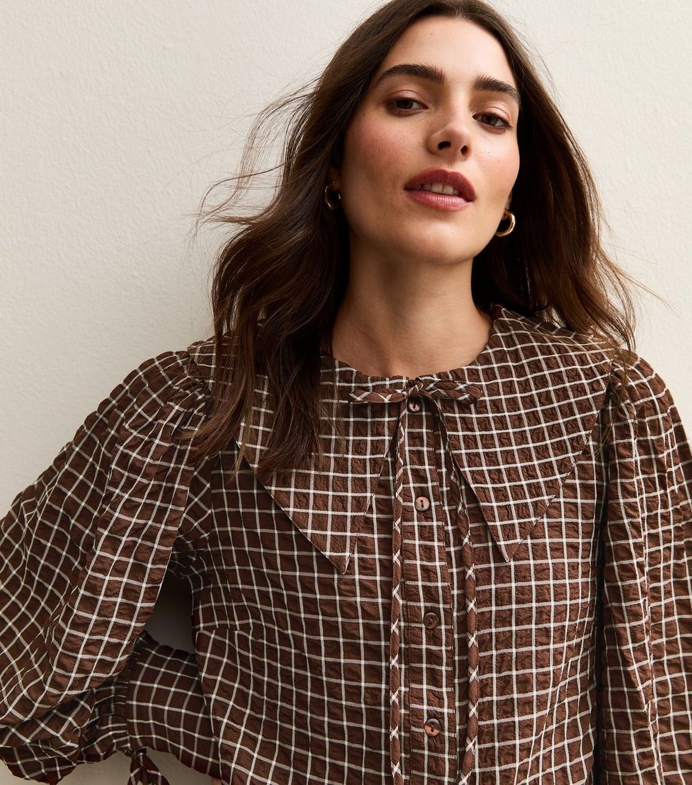 Brown Crinkle Texture Check Patterned Collared Shirt