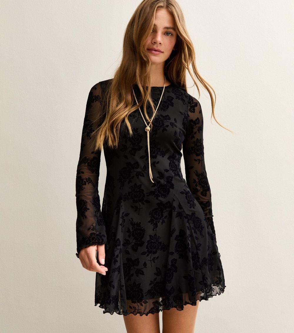 Black Jersey Mesh Floral Devore Mini Dress