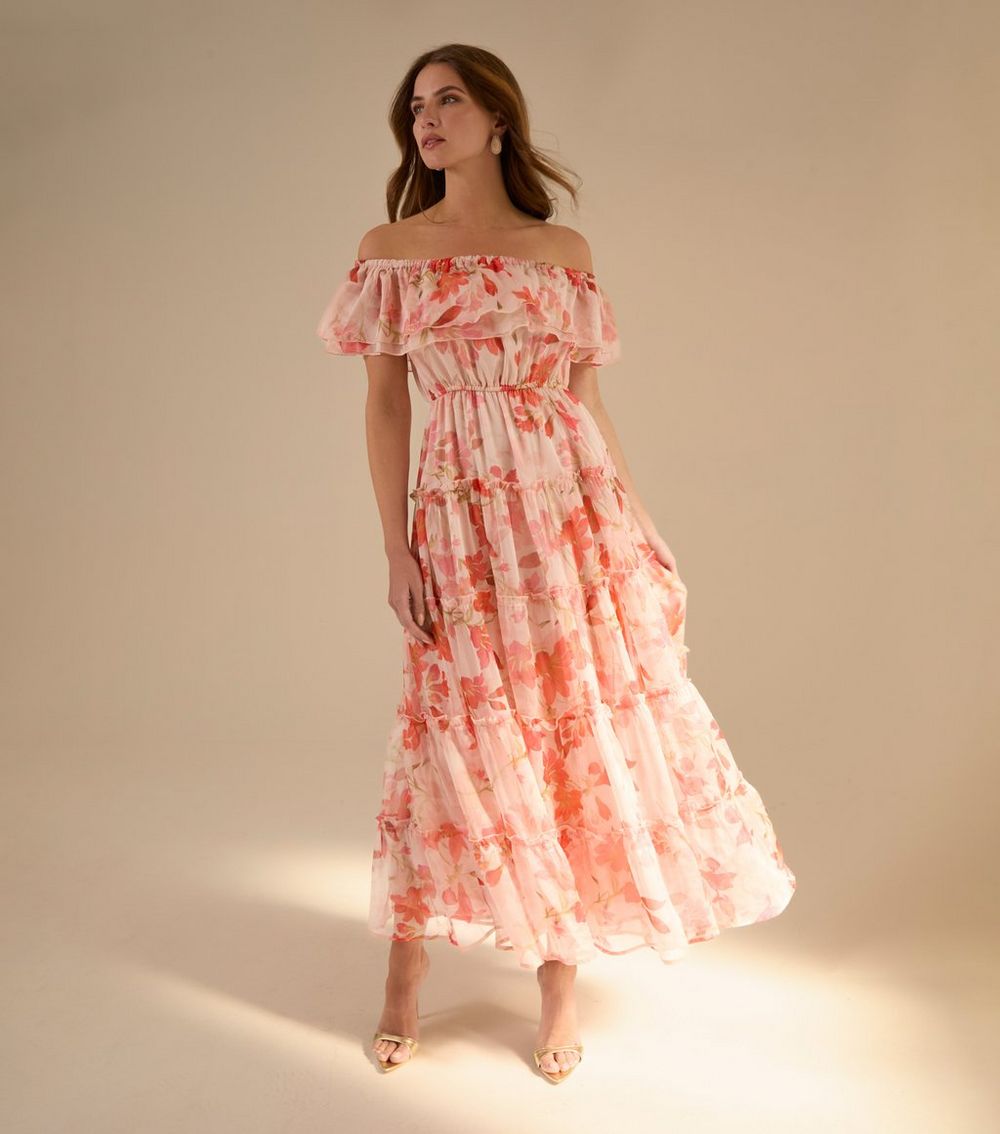 Blue Vanilla Pink Chiffon Floral Print Midi Dress