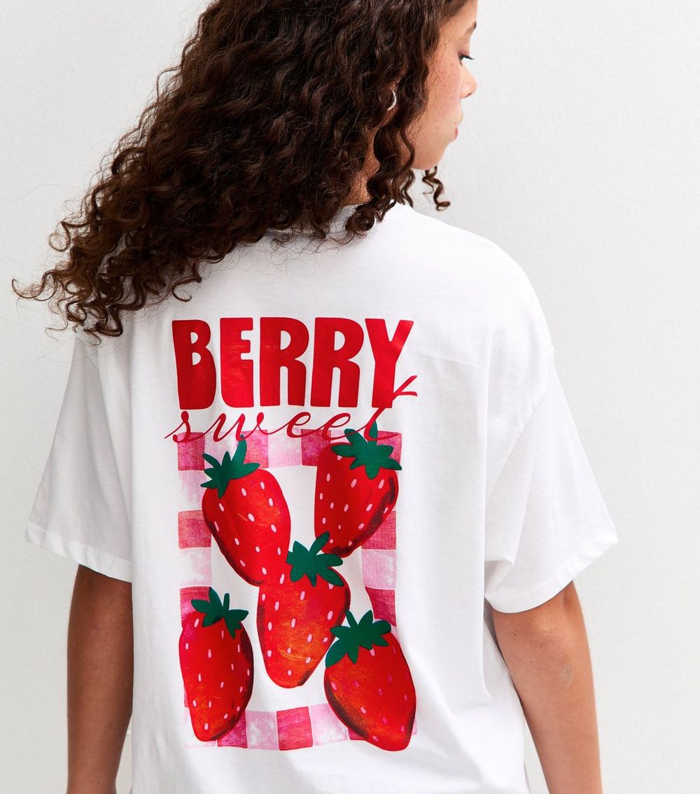 Girls White Berry Sweet Strawberry Check Print T