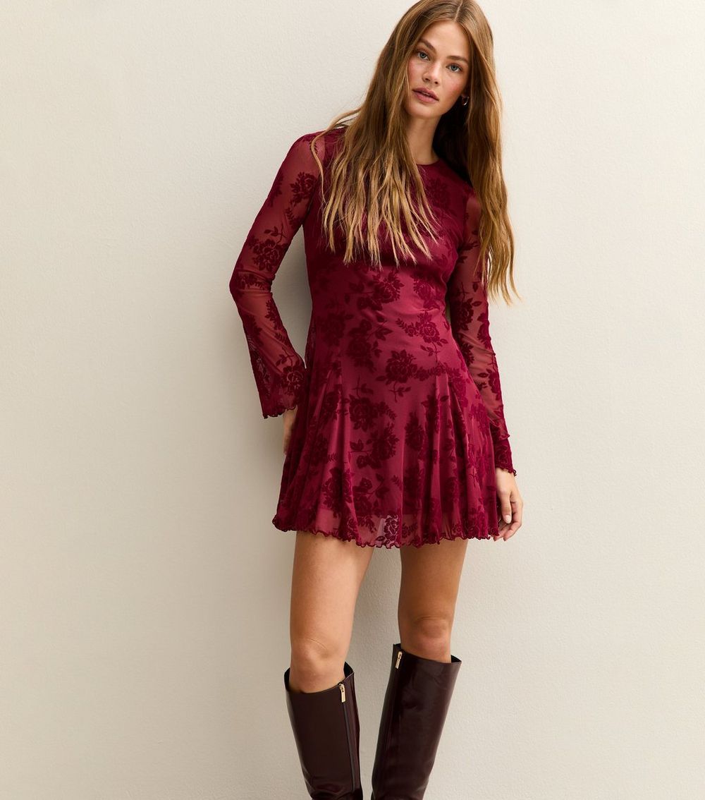 Burgundy Floral Print Skater Dress