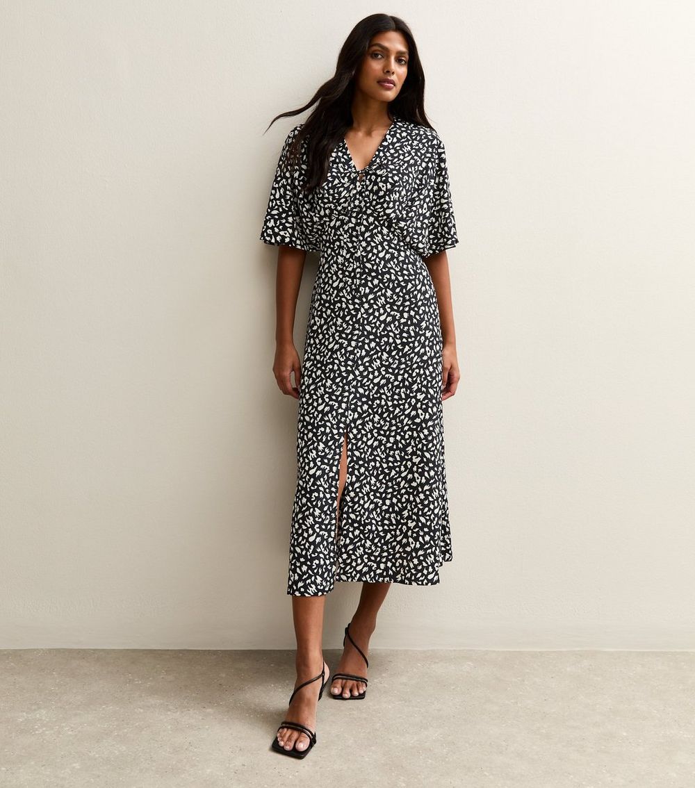 Black Animal Print Batwing Sleeve Midi Dress