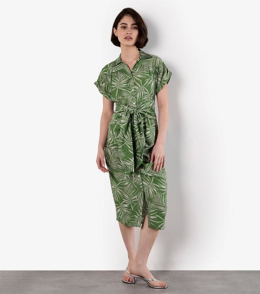 Apricot Green Palm Tree Print Belted Shirt Dress