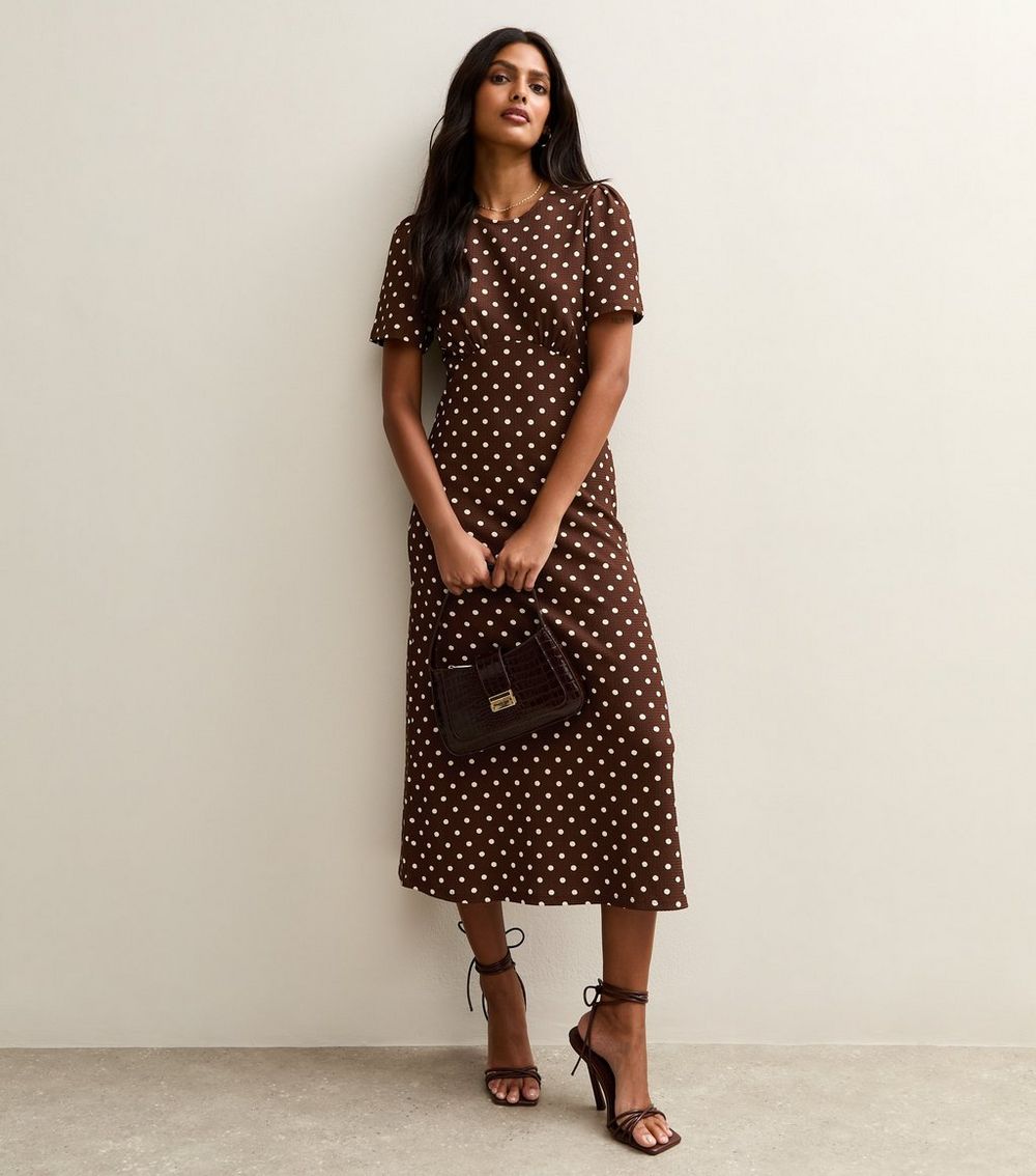 Brown Crinkle Texture Spot Print Midi Dress