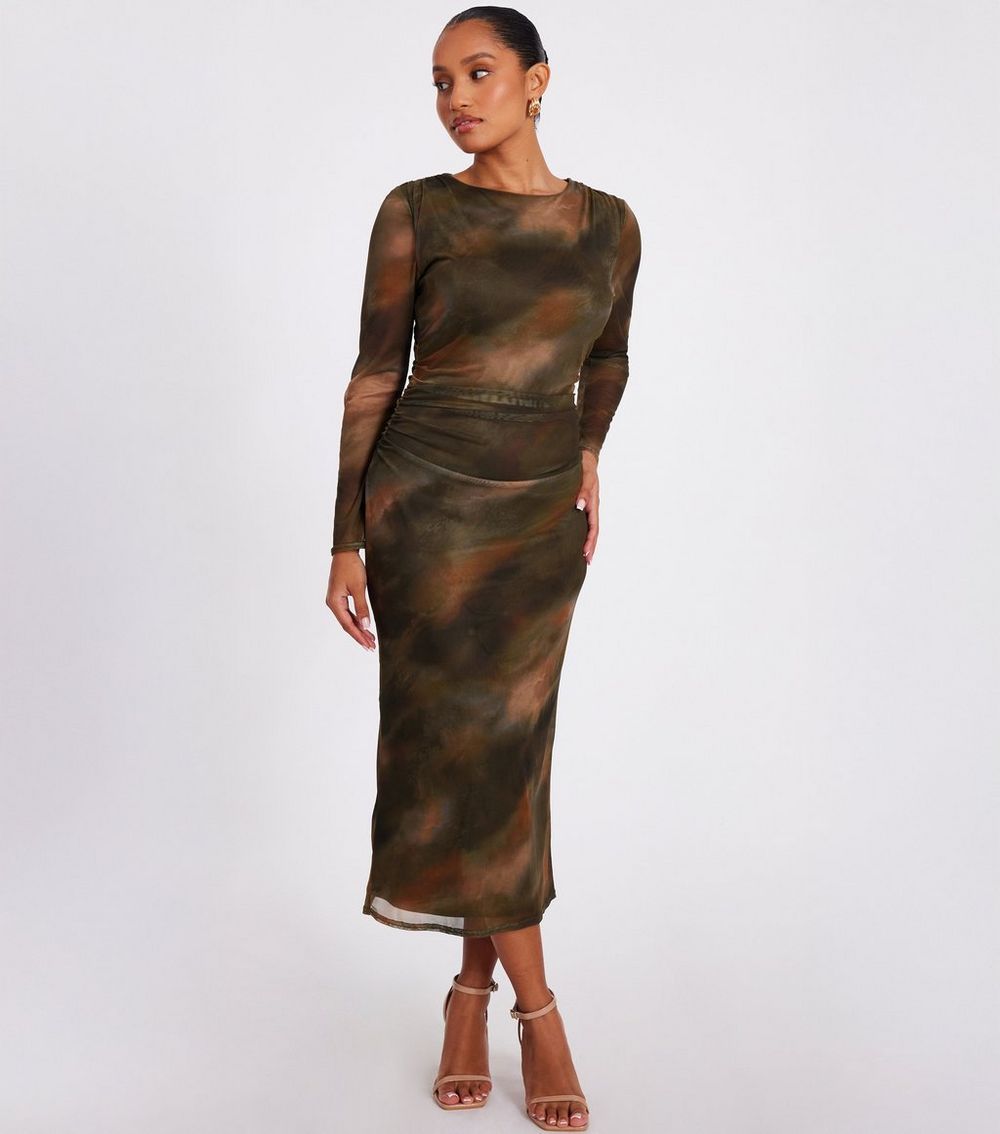 QUIZ Petite Khaki Mesh Midaxi Dress