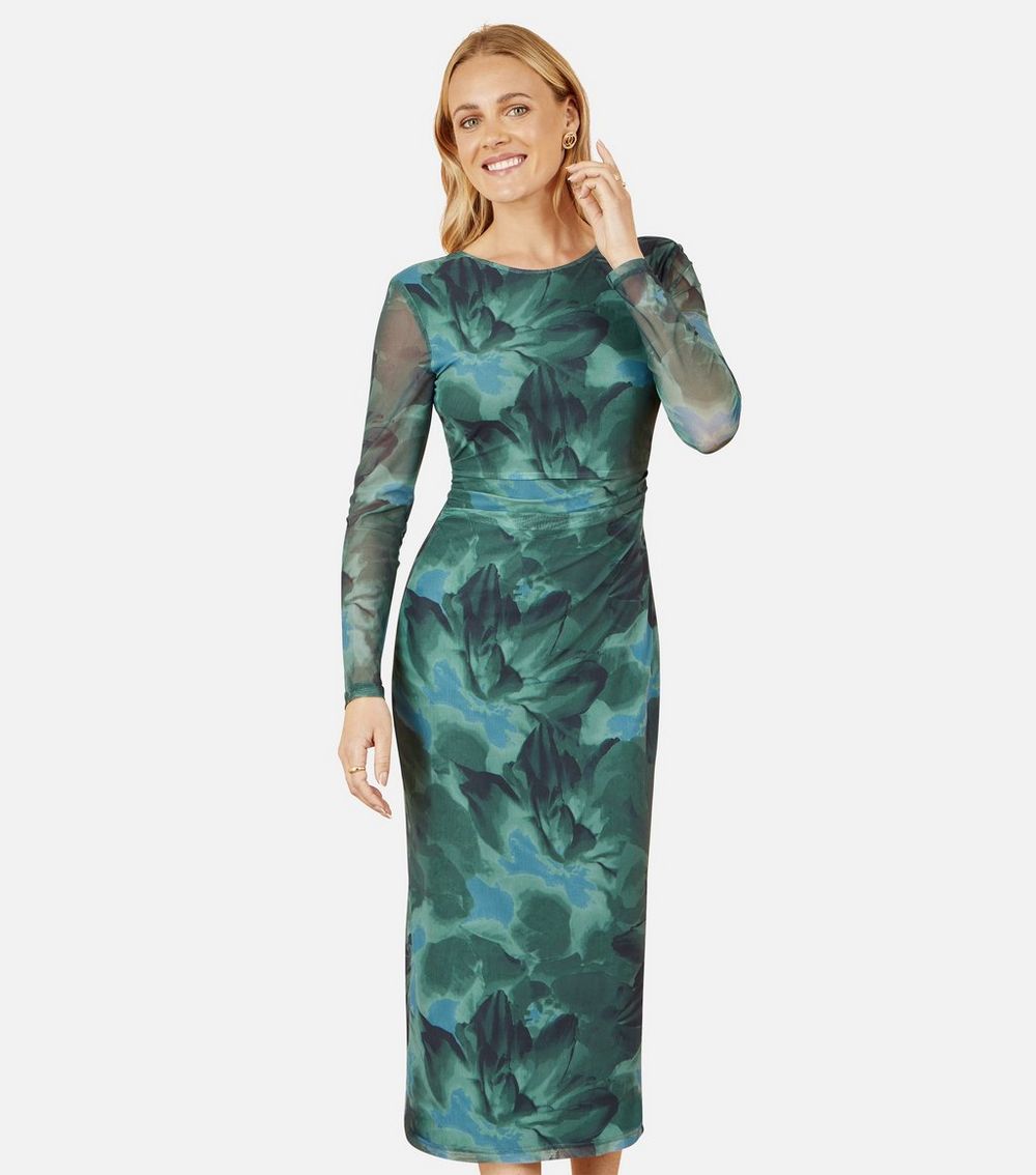 Yumi Green Floral Mesh Midi Dress