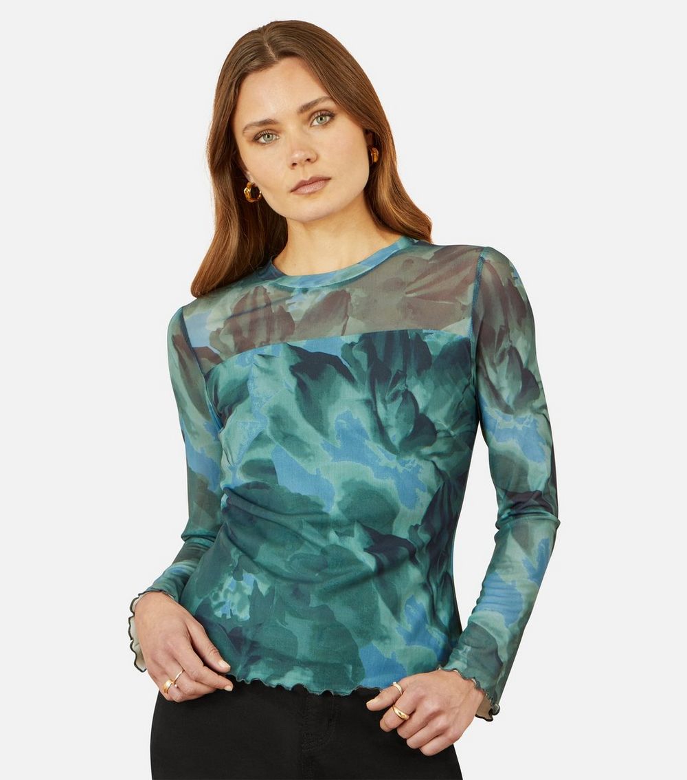 Yumi Green Leaf Print Mesh Long Sleeve Top