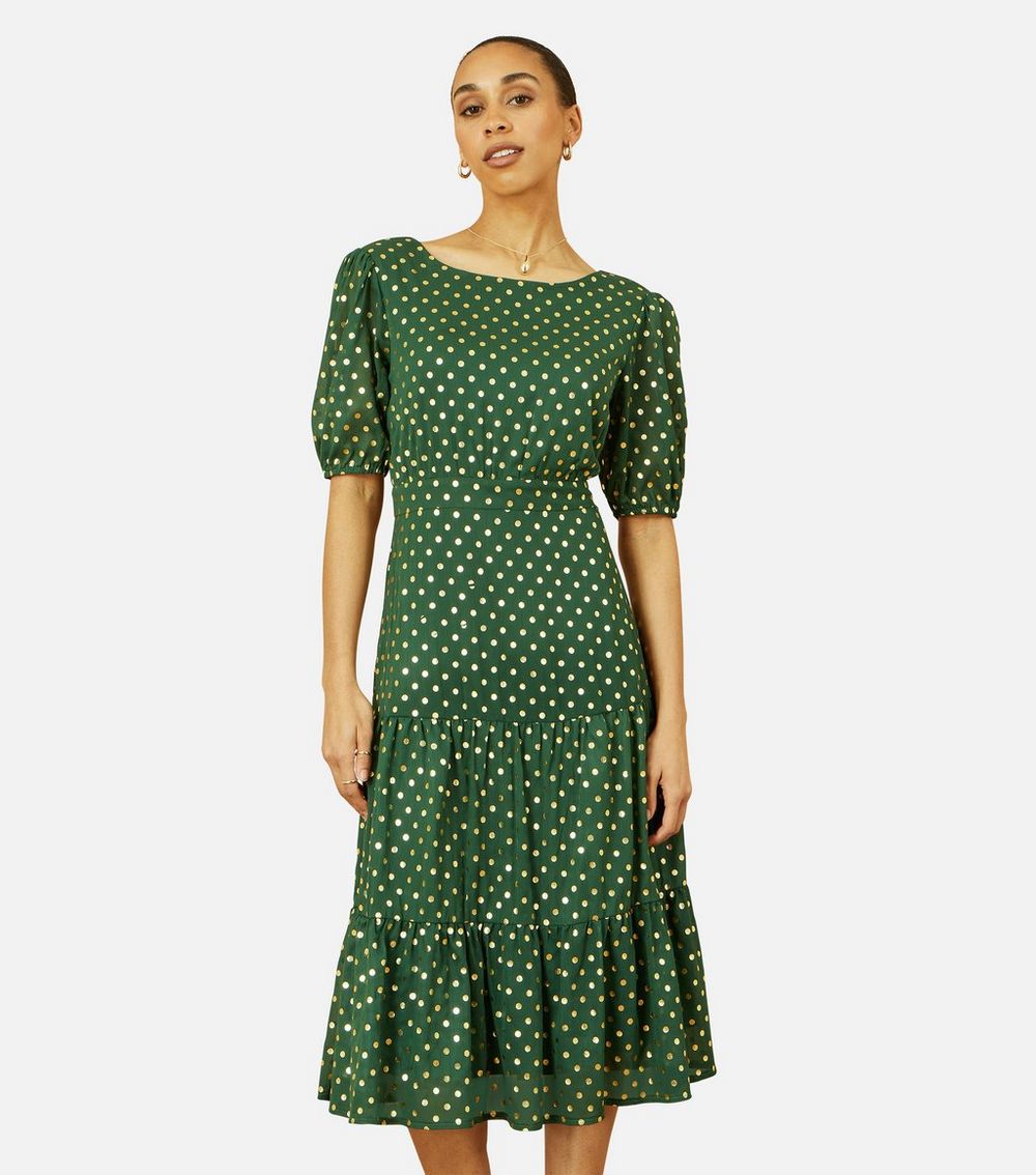 Yumi Dark Green Polka Dot Tiered Hem Midi Dress