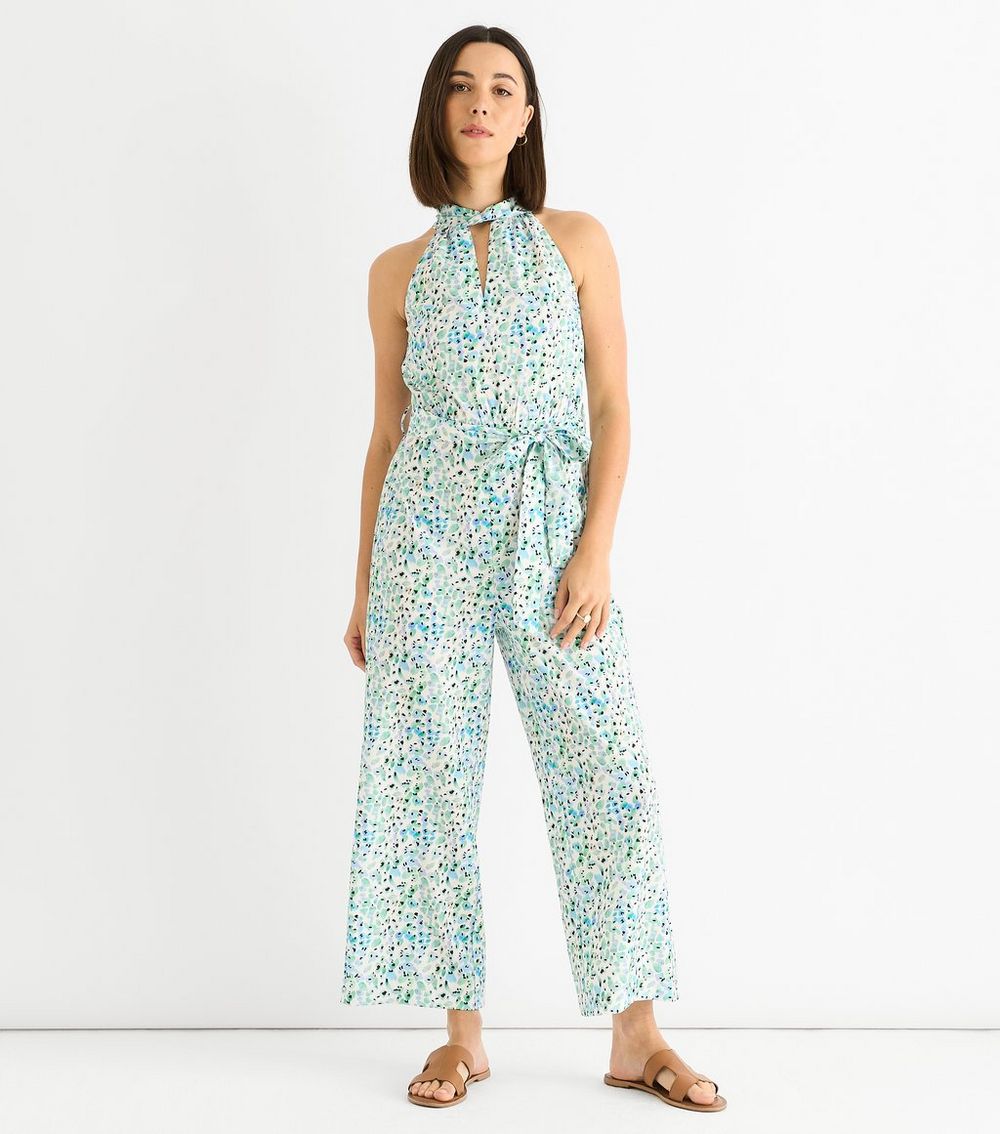 Gini London Petite Blue Halter Neck Printed Jumpsuit