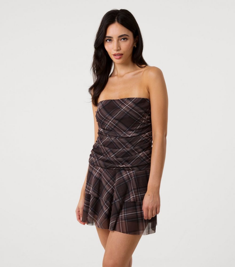 Pink Vanilla Brown Checked Ruffle Mini Dress