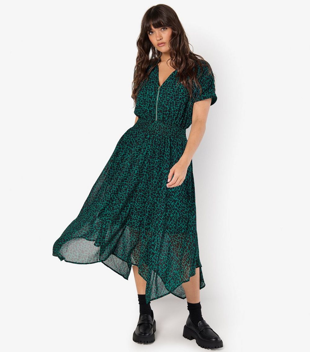 Apricot Dark Green Square Pattern Midi Dress