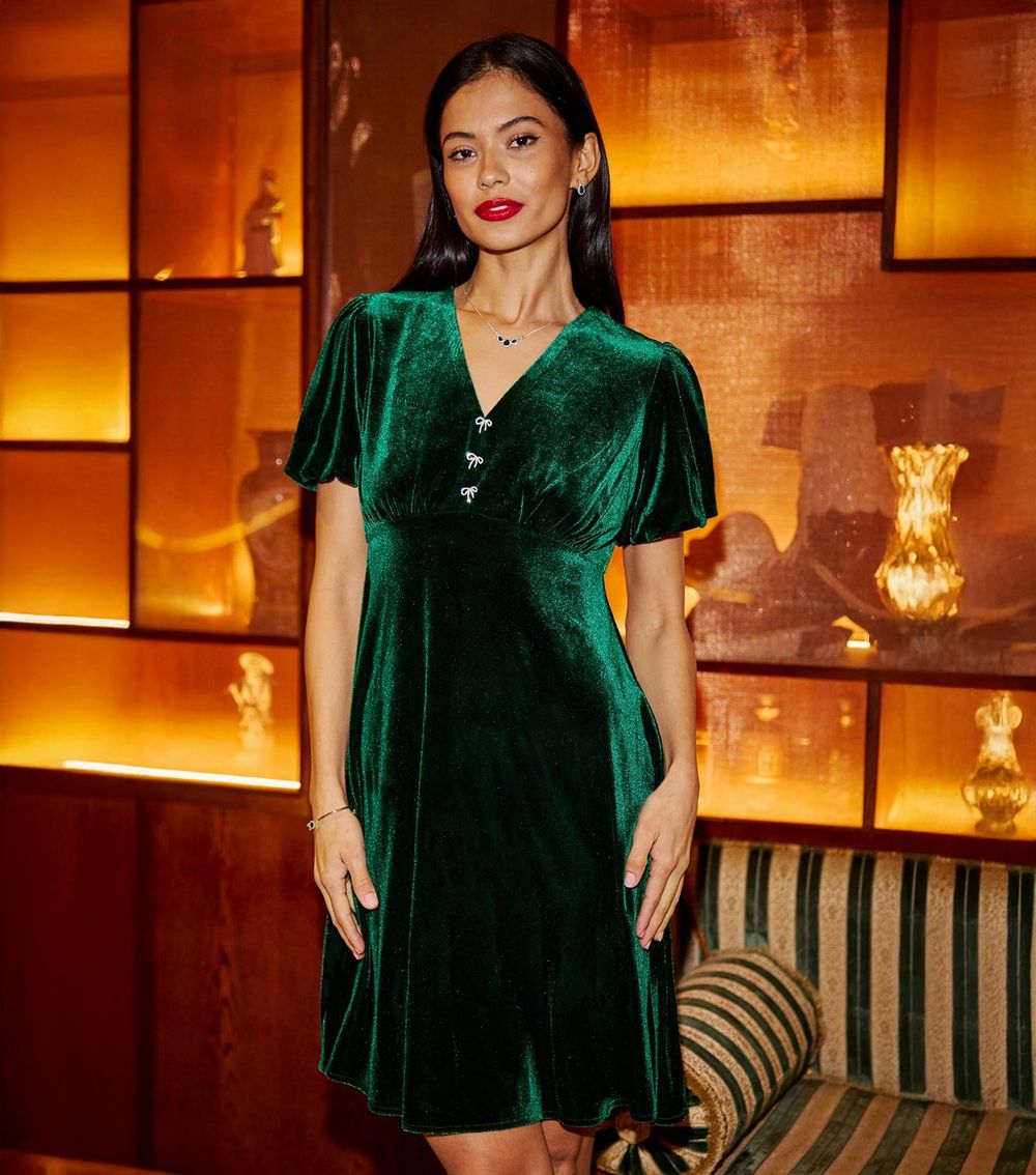 Yumi Green Velvet Diamanté Mini Dress