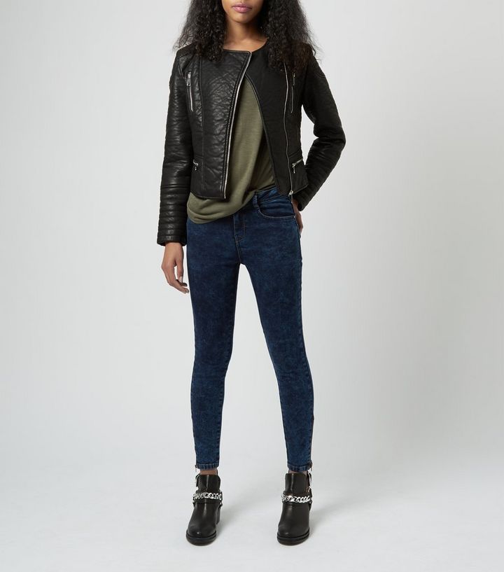 Black Leather Look Collarless Padded Zip Side Jacket Add To Saved Items Remove From