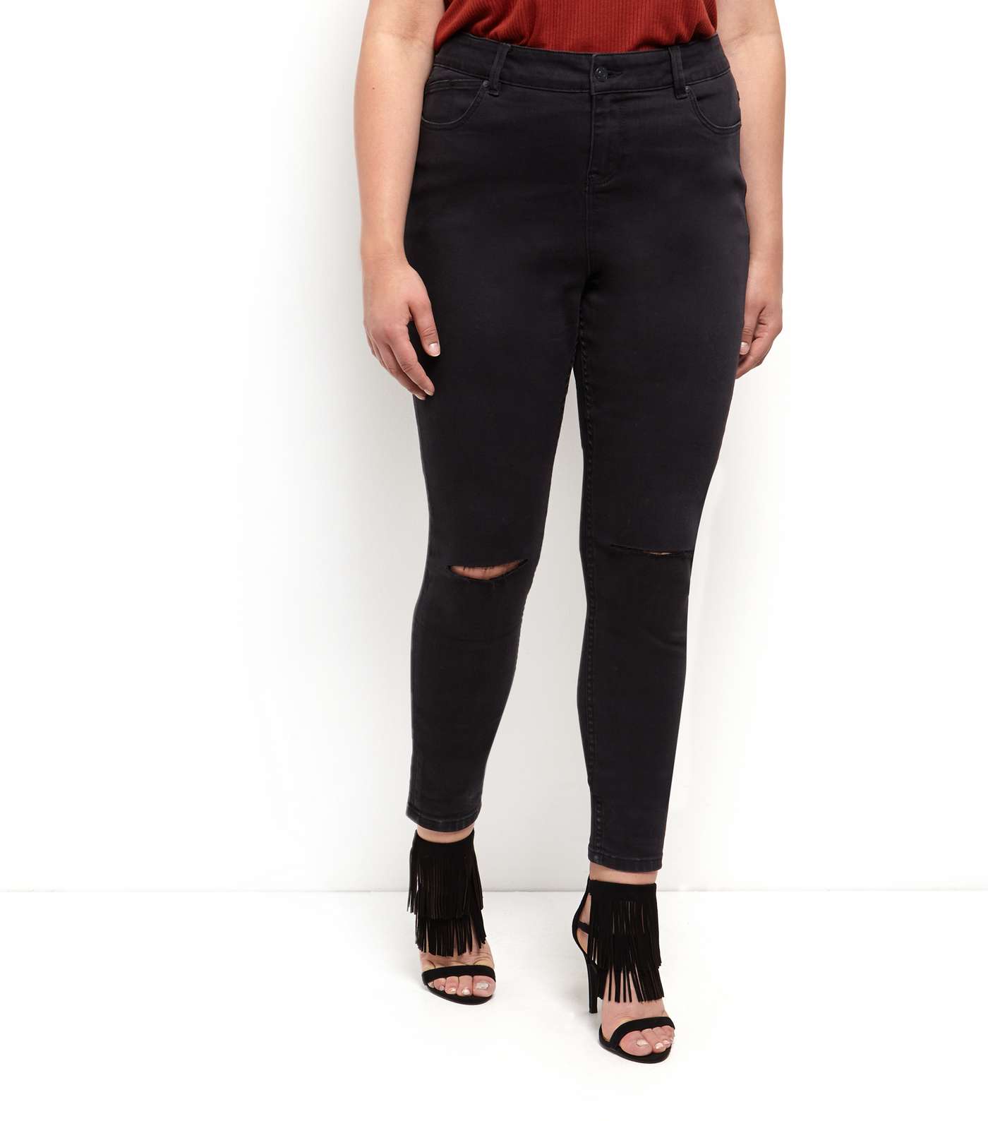 Curves Black Authentic Ripped Knee Jeans  Image 2