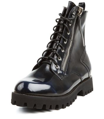 Navy Patent Zip Side Lace Up Boots 