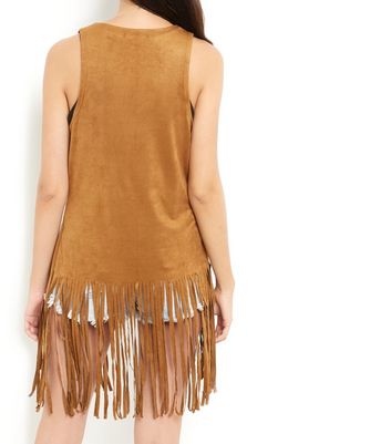 Tan Suedette Fringed Waistcoat | New Look