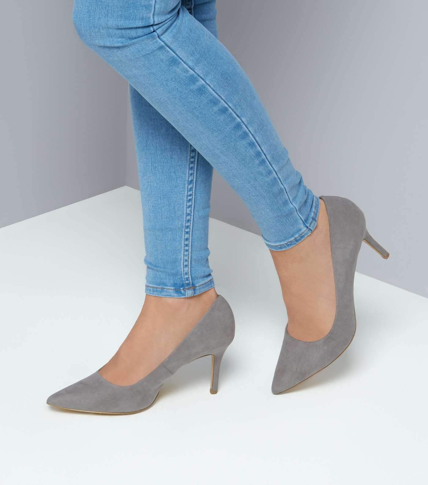 Grey Suedette Mid Heel Pointed Court Shoes Image 3