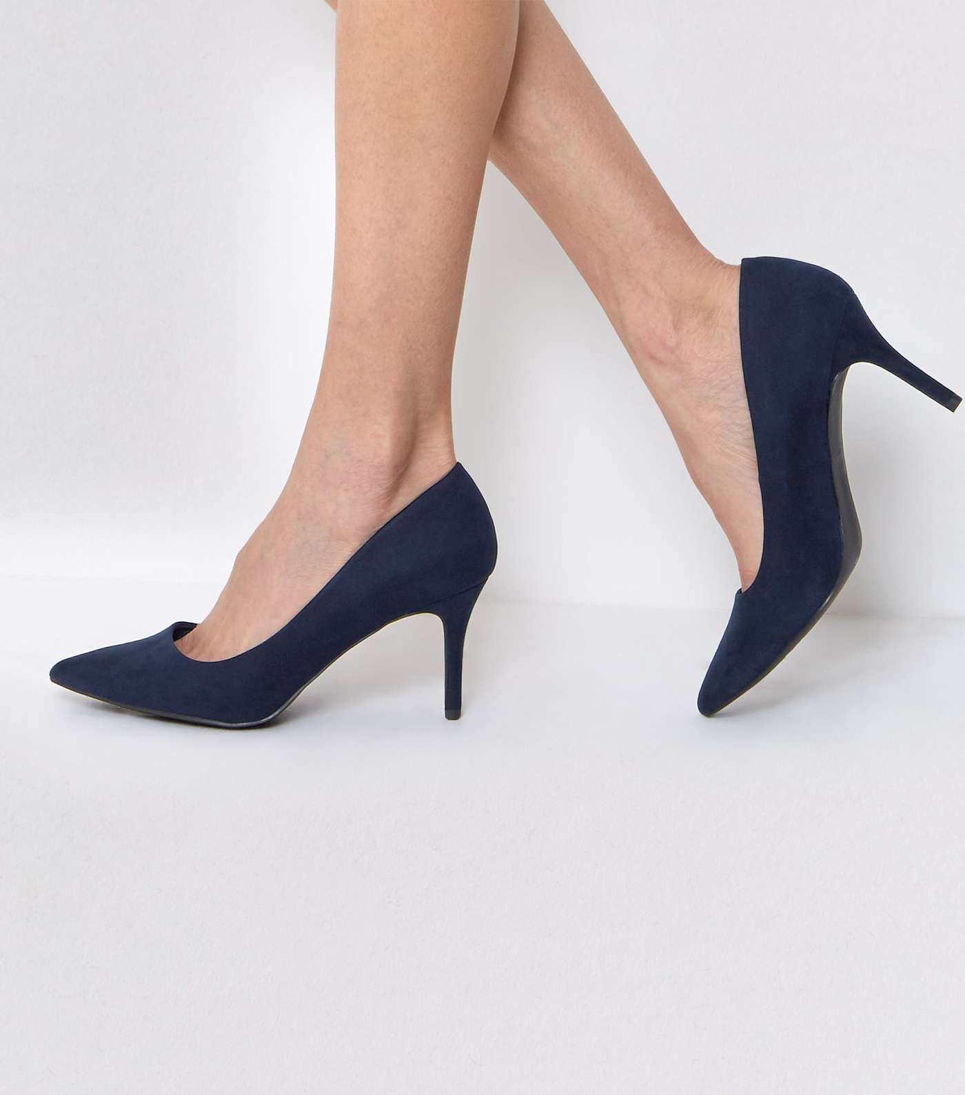 Navy Suedette Mid Heel Pointed Court Shoes