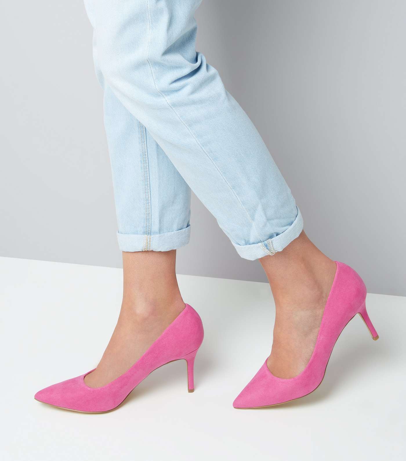Bright Pink Suedette Mid Heel Pointed Court Shoes Image 3